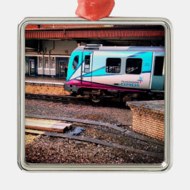 Lichtblauw-witte trein metalen ornament