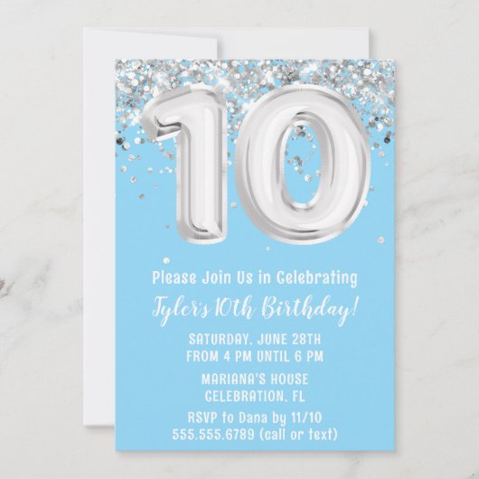 Lichtblauw Zilver 10e Verjaardagsfeest Kaart (Voorkant)