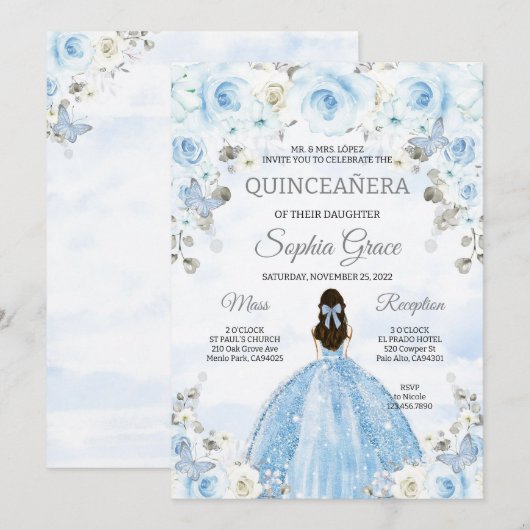 Lichtblauw Zilver Prinses Quinceanera Verjaardag Kaart (Voorkant / Achterkant)