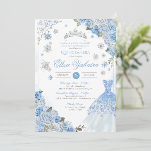 Lichtblauw Zilver Sneeuwvlok Winter Quinceanera Kaart (Staand voorkant)