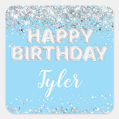 Lichtblauw Zilveren Verjaardag Party Favoriet Vierkante Sticker (Voorkant)