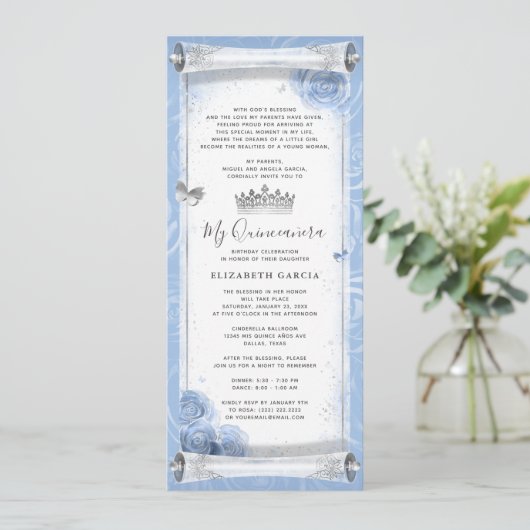 Lichtblauw Zilveren Verjaardag Scroll Uitnodiging  (Staand voorkant)