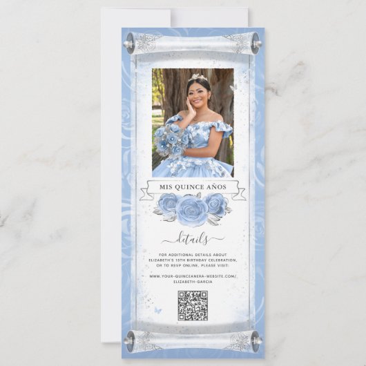 Lichtblauw Zilveren Verjaardag Scroll Uitnodiging  (Achterkant)