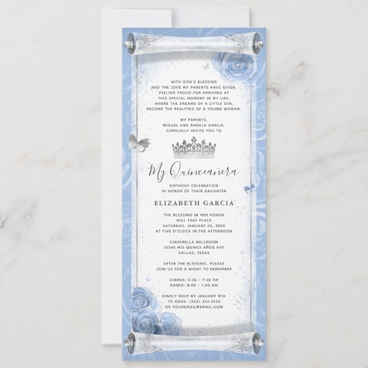 Lichtblauw Zilveren Verjaardag Scroll Uitnodiging (Voorkant)