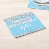 Lichtblauw Zilveren Verjaardagsfeest Kartonnen Onderzetters (Schuin)
