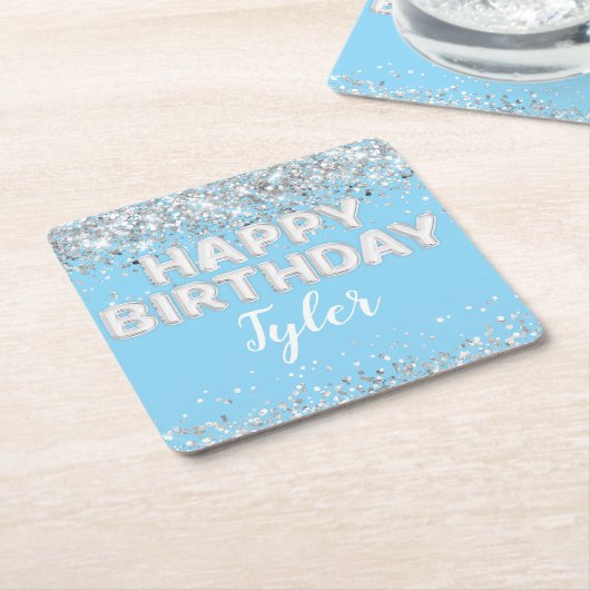 Lichtblauw Zilveren Verjaardagsfeest Kartonnen Onderzetters (Schuin)