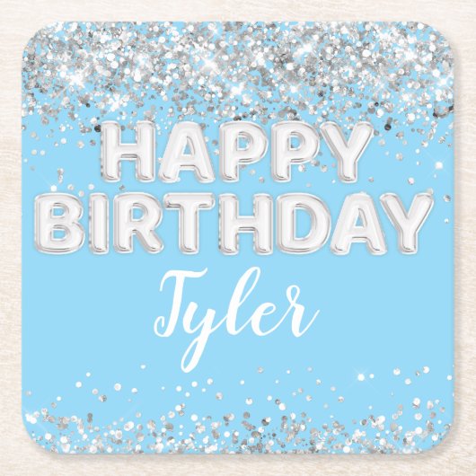 Lichtblauw Zilveren Verjaardagsfeest Kartonnen Onderzetters (Voorkant)