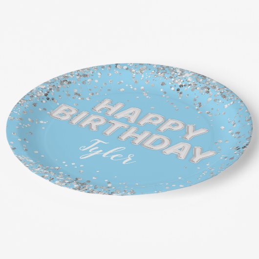 Lichtblauw Zilveren Verjaardagsfeest Papieren Bordje (Gekanteld)