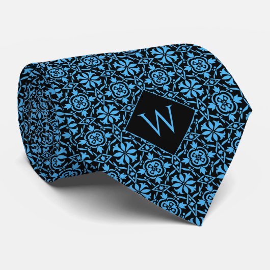 Lichtblauw & Zwart Arabesque Monogram Stropdas (Opgerold)