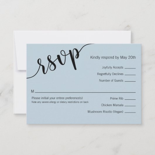 Lichtblauw Zwart Liefdes Script Reactiekaart RSVP Kaartje (Voorkant)