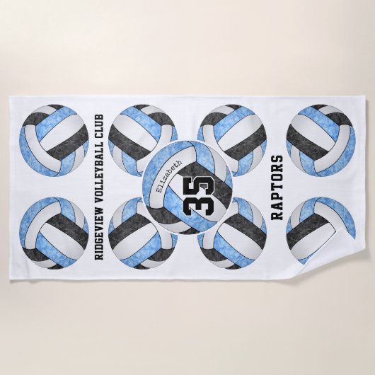 Lichtblauw Zwart Team Kleuren Naam Volleyballs Strandlaken (Voorkant)