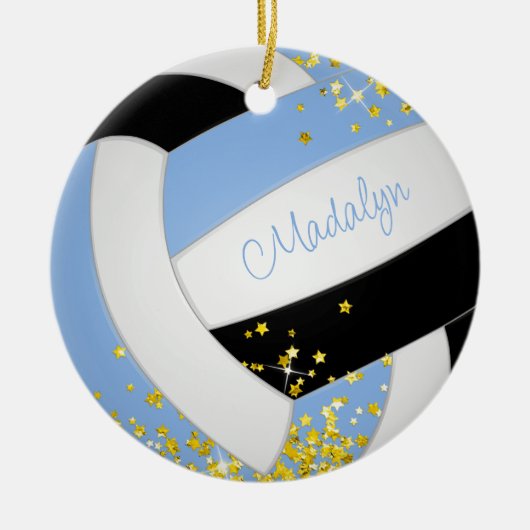  lichtblauw zwart volleybal gouden sterren keramisch ornament (Voorkant)