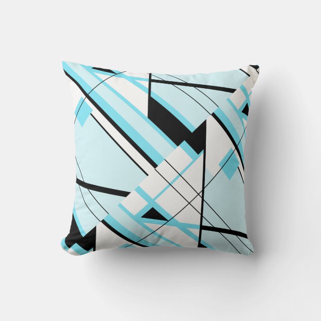 Lichtblauw zwart wit diagonaal geometrisch ontwerp kussen (Voorkant)