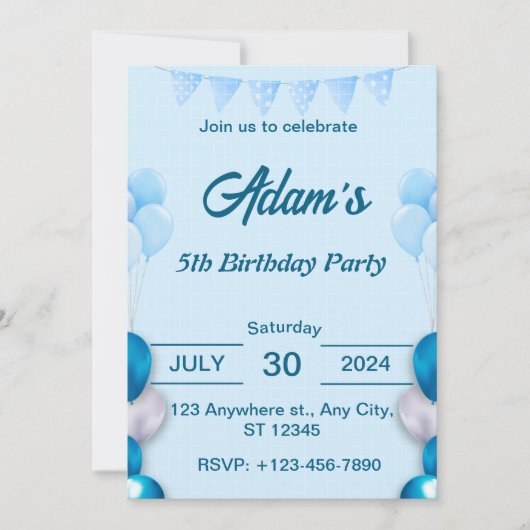 Lichtblauwe 5e verjaardag uitnodiging (Voorkant)