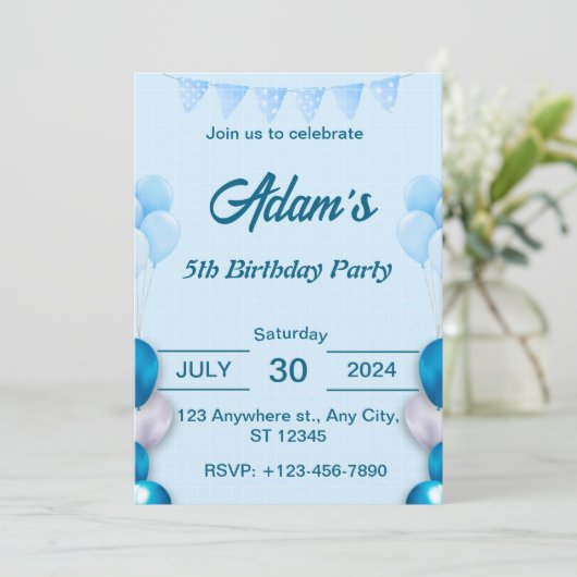Lichtblauwe 5e verjaardag uitnodiging (Staand voorkant)