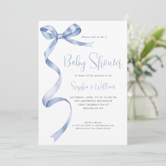 Lichtblauwe Aquarel Strik Lint Jongens Baby Shower Kaart (Staand voorkant)