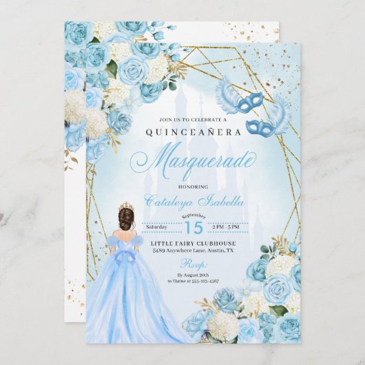 Lichtblauwe Assepoester Masquerade Quinceanera Kaart (Voorkant / Achterkant)
