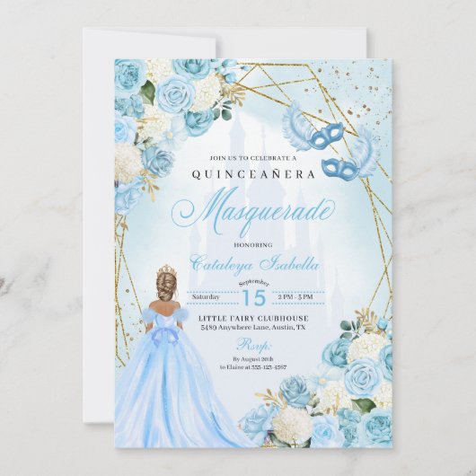 Lichtblauwe Assepoester Masquerade Quinceanera Kaart (Voorkant)