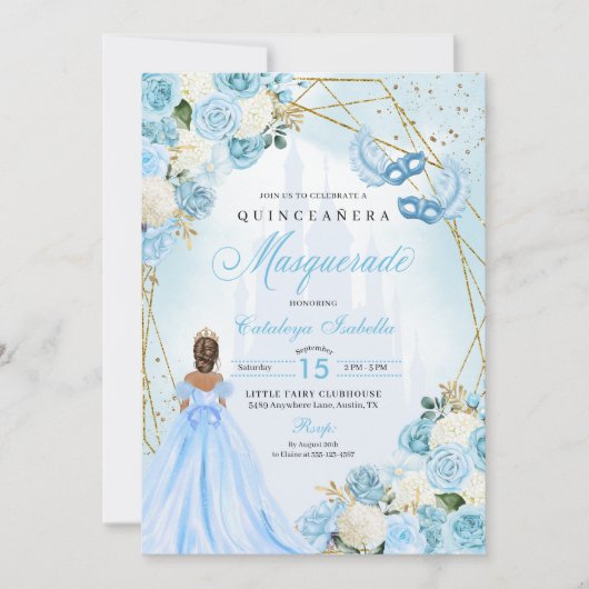 Lichtblauwe Assepoester Masquerade Quinceanera Kaart (Voorkant)
