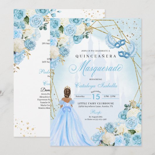 Lichtblauwe Assepoester Masquerade Quinceanera Kaart (Voorkant / Achterkant)