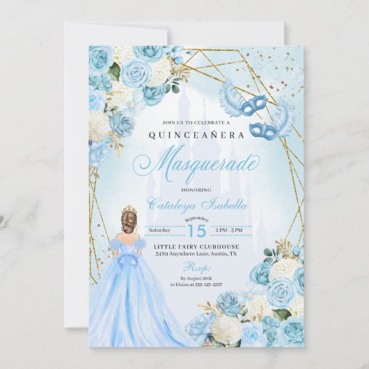 Lichtblauwe Assepoester Masquerade Quinceanera Kaart (Voorkant)