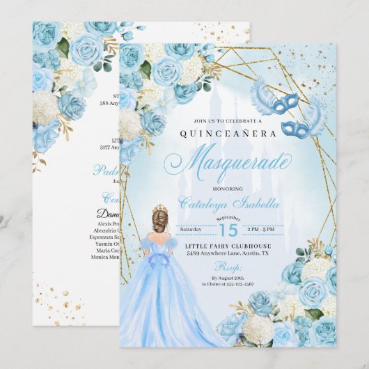 Lichtblauwe Assepoester Masquerade Quinceanera Kaart (Voorkant / Achterkant)