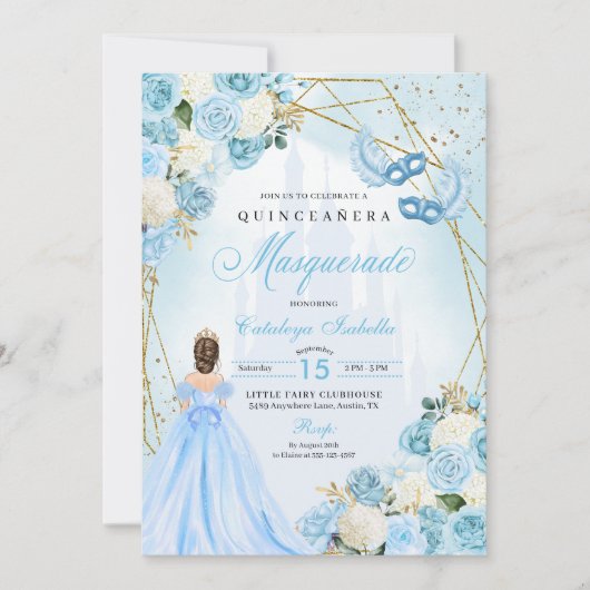 Lichtblauwe Assepoester Masquerade Quinceanera Kaart (Voorkant)