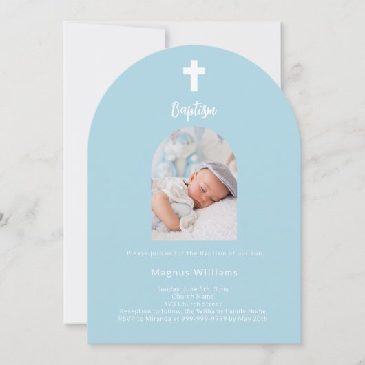 Lichtblauwe babyjongen foto boog Doopsel Kaart (Voorkant)
