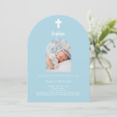 Lichtblauwe babyjongen foto boog Doopsel Kaart (Staand voorkant)