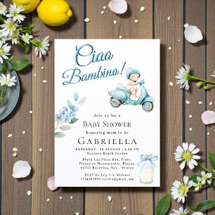 Lichtblauwe babyscooter Ciao Bambino Baby Shower Kaart