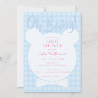 Lichtblauwe Beer met strik Oh Baby Shower Uitnodig Kaart