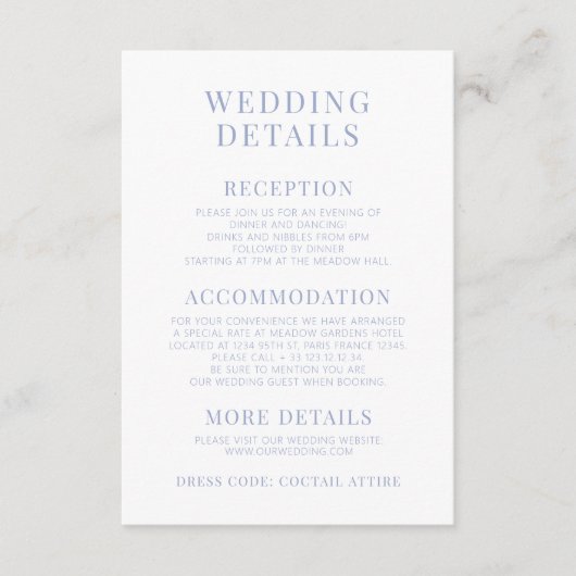 Lichtblauwe bloem bloeit bruiloft details kaarten (Voorkant)