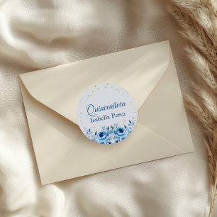 Lichtblauwe bloem en gouden glitter Quinceanera Ronde Sticker