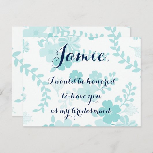 Lichtblauwe bloemen bruidsmeisje uitnodiging briefkaart (Voorkant / Achterkant)