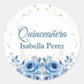 Lichtblauwe bloemen en gouden glitter Quinceanera Ronde Sticker (Voorkant)