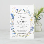 Lichtblauwe bloemen goud QR RSVP alles in 1 bruilo Kaart (Staand voorkant)