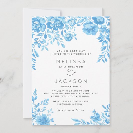 Lichtblauwe Bloemen Grens Huwelijksuitnodiging Kaart (Voorkant)