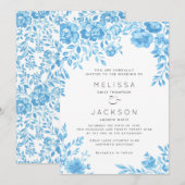 Lichtblauwe Bloemen Grens Huwelijksuitnodiging Kaart (Voorkant / Achterkant)