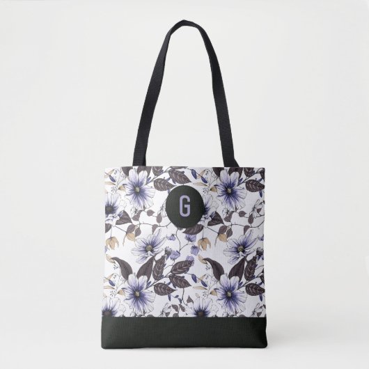 Lichtblauwe bloemen groene bladeren aangepast mono tote bag (Voorkant)