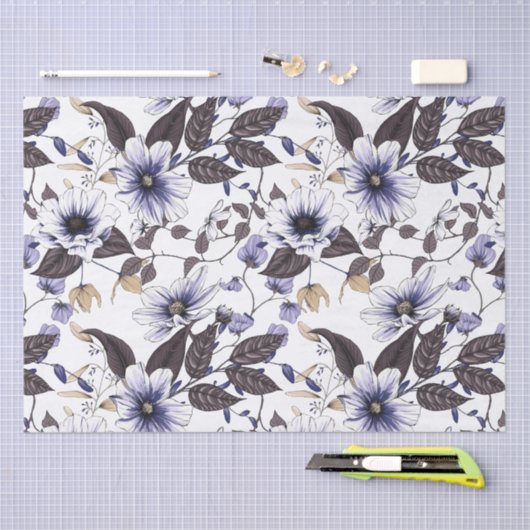 Lichtblauwe bloemen met groene bladeren naadloos tissuepapier (Craft)