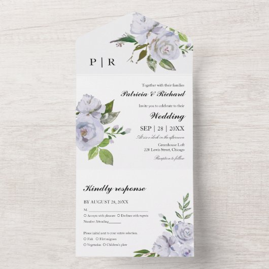 Lichtblauwe bloemen monogram Elegante bruiloft All In One Uitnodiging (Binnen)