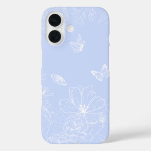 Lichtblauwe bloemen patroon, bloemen, minimalistis iPhone 16 hoesje