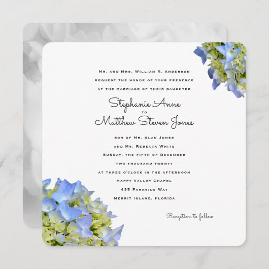 Lichtblauwe Bloemen Vierkante Uitnodiging voor de  (Voorkant / Achterkant)