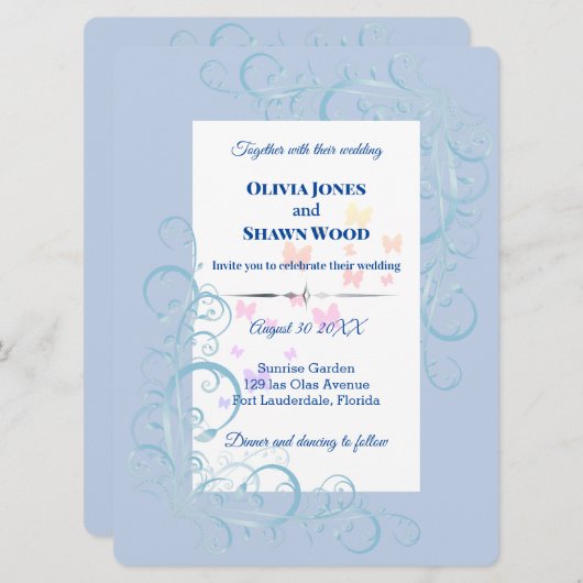 Lichtblauwe Bloemen Werveltje bruiloft Kaart (Voorkant / Achterkant)