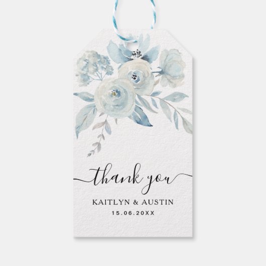 Lichtblauwe bloemenbruiloft cadeau labels cadeaulabel (Achterkant)