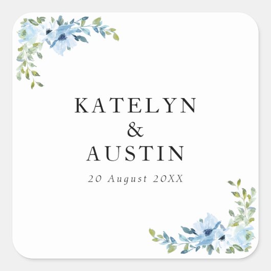 Lichtblauwe bloemenbruiloft vierkante sticker (Voorkant)