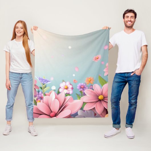 Lichtblauwe bloemenfleece deken (In situ)