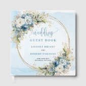 Lichtblauwe bloemengoud glitter boho bruiloft gast gastenboek (Voorkant)