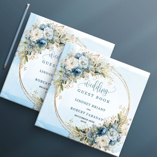 Lichtblauwe bloemengoud glitter boho bruiloft gast gastenboek