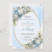 Lichtblauwe bloemengoud glitter boho trouw uitnodi kaart (Voorkant)